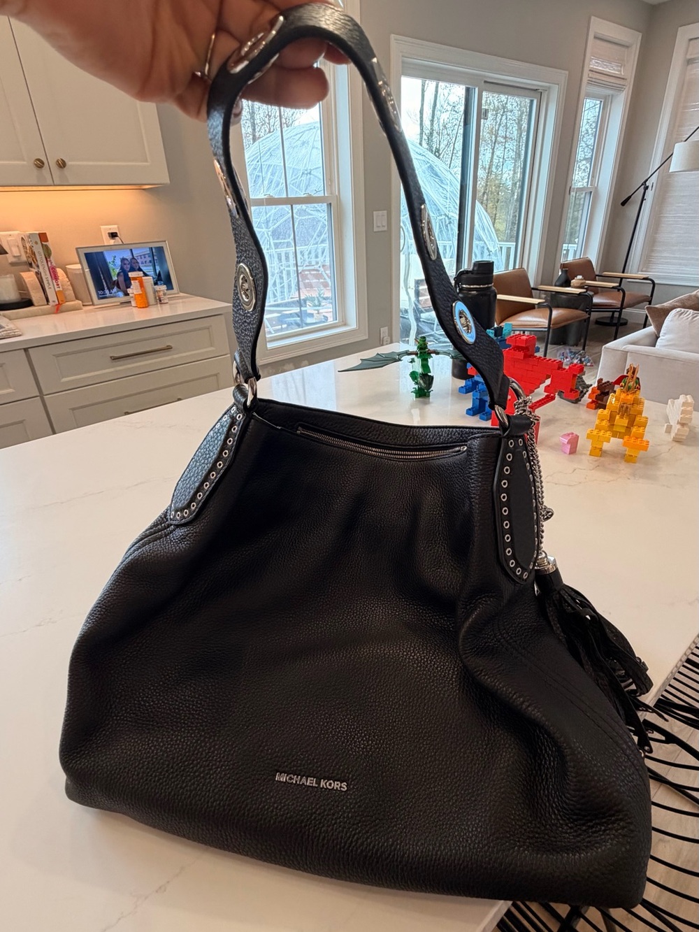 Michael Kors Black Pebbled Leather Shoulder Bag with Stud Details